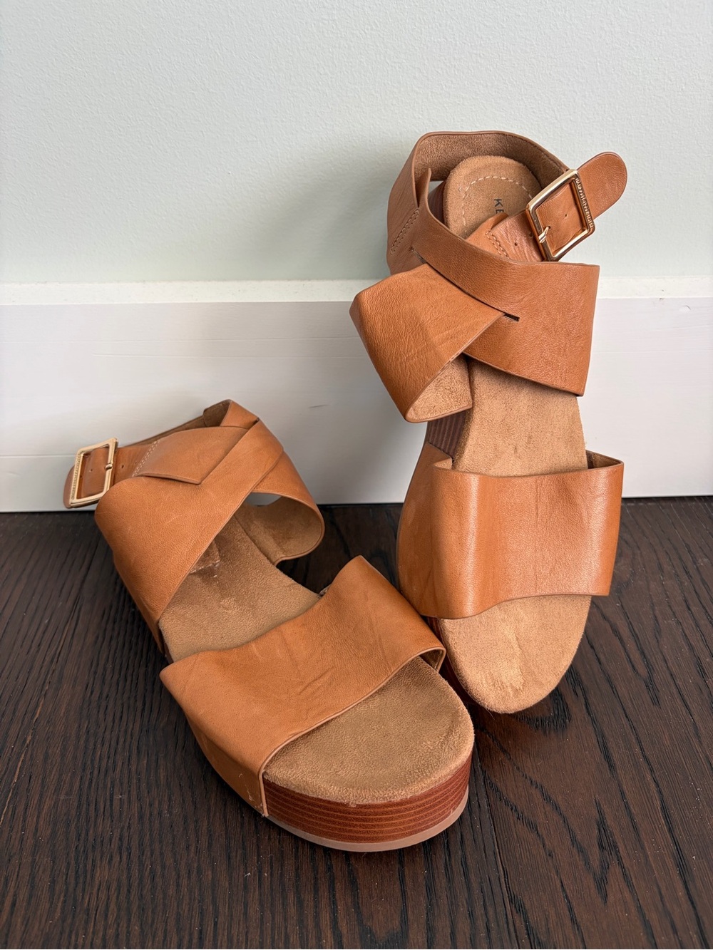 Kelsi Dagger Tan Leather Platform Sandals with Gold Buckle from Free People